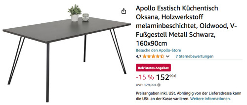 Apollo 160x90cm Esstisch/Küchentisch "Oksana" in Oldwood (Holzwerkstoff melaminbeschichtet, Fußgestell Metall) - jetzt 15% billiger