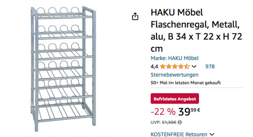 HAKU Möbel 38709 Flaschenregal für ca. 42 Flaschen (34 x  22 x 72 cm, Metall) - jetzt 11% billiger