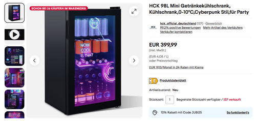 HCK 98L Mini Getränkekühlschrank in Cyberpunk-Stil (Glastür, LED-Innenbeleuchtung, 84 cm hoch) - jetzt 28% billiger HCK 98L Mini Getränkekühlschrank in Cyberpunk-Stil (Glastür, LED-Innenbeleuchtung, 84 cm hoch) - jetzt 28% billiger