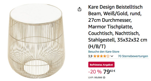 Kare Design 35x32x32 cm Beistelltisch Beam in Weiß/Gold, Marmor Tischplatte - jetzt 17% billiger Kare Design 35x32x32 cm Beistelltisch Beam in Weiß/Gold, Marmor Tischplatte - jetzt 17% billiger