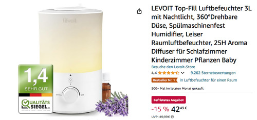 LEVOIT Top-Fill Luftbefeuchter 3L mit Nachtlicht - jetzt 15% billiger