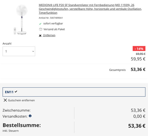 MEDION P20 SF (MD 11939) Standventilator mit Fernbedienung, 40 cm Durchmesser - jetzt 11% billiger