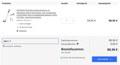 MEDION P250 Akku-Stielstaubsauger (max. 22 kPa, Zyklon-Technologie, max. 250 W) - jetzt 11% billiger MEDION P250 Akku-Stielstaubsauger (max. 22 kPa, Zyklon-Technologie, max. 250 W) - jetzt 11% billiger