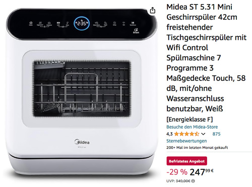 Midea ST 5.31 Mini Geschirrspüler (42cm, 3 Maßgedecke, Wassertank / Wasseranschluss) - jetzt 20% billiger