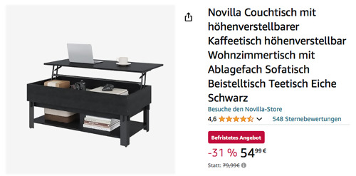 Novilla 102 x 52cm höhenverstellbarer Couchtisch in Schwarz - jetzt 23% billiger Novilla 102 x 52cm höhenverstellbarer Couchtisch in Schwarz - jetzt 23% billiger