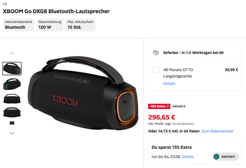 Otto.de - 15% Rabatt auf LG Artikel: z.B. LG XBOOM Go DXG8 Bluetooth-Lautsprecher (120 W, 15 Std.) - jetzt 15% billiger Otto.de - 15% Rabatt auf LG Artikel: z.B. LG XBOOM Go DXG8 Bluetooth-Lautsprecher (120 W, 15 Std.) - jetzt 15% billiger