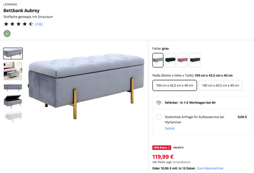 Otto.de - 20% Rabatt auf ausgewählte Schlafzimmerartikel: z.B. LEONIQUE 100 x 42,5 x 40 cm Bettbank "Aubrey", versch. Farben - jetzt 20% billiger