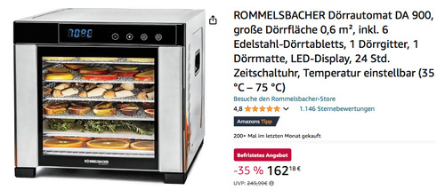 ROMMELSBACHER Dörrautomat DA 900 inkl. 6 Edelstahl-Dörrtabletts (35 °C 75 °C) - jetzt 16% billiger ROMMELSBACHER Dörrautomat DA 900 inkl. 6 Edelstahl-Dörrtabletts (35 °C 75 °C) - jetzt 16% billiger