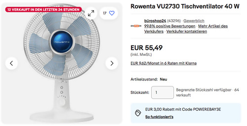 Rowenta VU2730 Tischventilator (Geräuscharmer Betrieb, 48 cm, 40 W) - jetzt 16% billiger