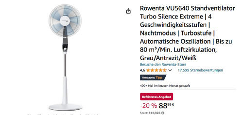 Rowenta VU5640 Standventilator Turbo Silence Extreme (Nachtmodus, bis zu 80 m³/Min) - jetzt 20% billiger Rowenta VU5640 Standventilator Turbo Silence Extreme (Nachtmodus, bis zu 80 m³/Min) - jetzt 20% billiger