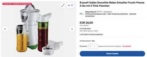 Russell Hobbs 21352-56 2in1 Explore Smoothie Maker Mix & Go Juice (300 Watt, 2 Trink-Flaschen) - jetzt 30% billiger Russell Hobbs 21352-56 2in1 Explore Smoothie Maker Mix & Go Juice (300 Watt, 2 Trink-Flaschen) - jetzt 30% billiger