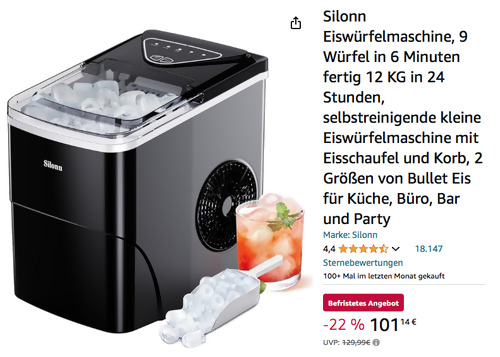 Silonn SLIM01B-U Eiswürfelmaschine in Schwarz (9 Würfel in 6 Minuten, Selbstreinigend) - jetzt 22% billiger