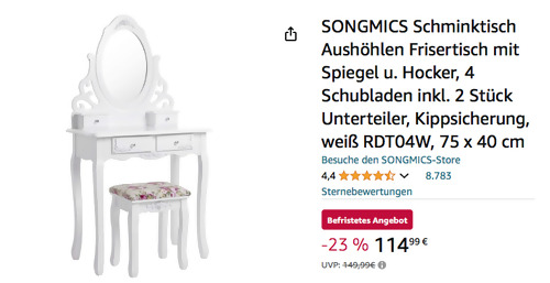 SONGMICS RDT04W 75 x 40 cm Schminktisch mit Spiegel und Hocker - jetzt 18% billiger