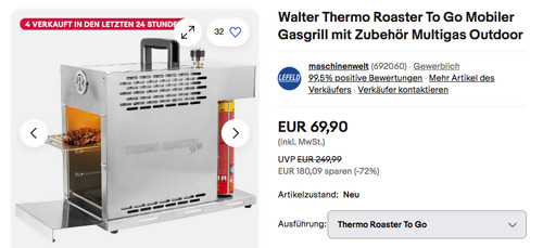 Walter Thermo Roaster To Go Mobiler Gasgrill, bis zu 800 °C - jetzt 22% billiger