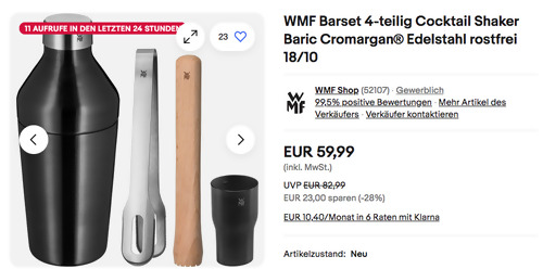 WMF Baric 4-tilg. Barset (Cocktail Shaker, Barmaß, Eiszange, Holz Stößel) - jetzt 12% billiger WMF Baric 4-tilg. Barset (Cocktail Shaker, Barmaß, Eiszange, Holz Stößel) - jetzt 12% billiger