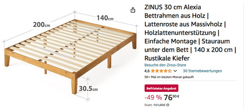 Zinus 140 x 200 cm Alexia Bettrahmen mit Holzlatten - jetzt 49% billiger Zinus 140 x 200 cm Alexia Bettrahmen mit Holzlatten - jetzt 49% billiger