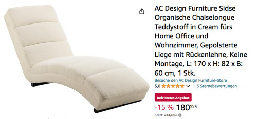 AC Design Furniture Sidse Chaiselongue in Cream (170 x 82 x 60 cm, Teddystoff) - jetzt 15% billiger AC Design Furniture Sidse Chaiselongue in Cream (170 x 82 x 60 cm, Teddystoff) - jetzt 15% billiger