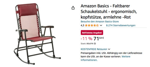 Amazon Basics - Faltbarer Schaukelstuhl in Rot - jetzt 11% billiger Amazon Basics - Faltbarer Schaukelstuhl in Rot - jetzt 11% billiger