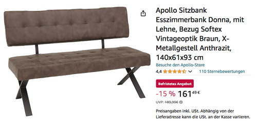 Apollo 140 cm Esszimmerbank mit Lehne "Donna" in Braun, Bezug Softex Vintage - jetzt 9% billiger Apollo 140 cm Esszimmerbank mit Lehne "Donna" in Braun, Bezug Softex Vintage - jetzt 9% billiger