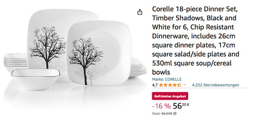 Corelle 18-teiliges Geschirr-Set Timber Shadows in Schwarz/Weiß - jetzt 16% billiger Corelle 18-teiliges Geschirr-Set Timber Shadows in Schwarz/Weiß - jetzt 16% billiger
