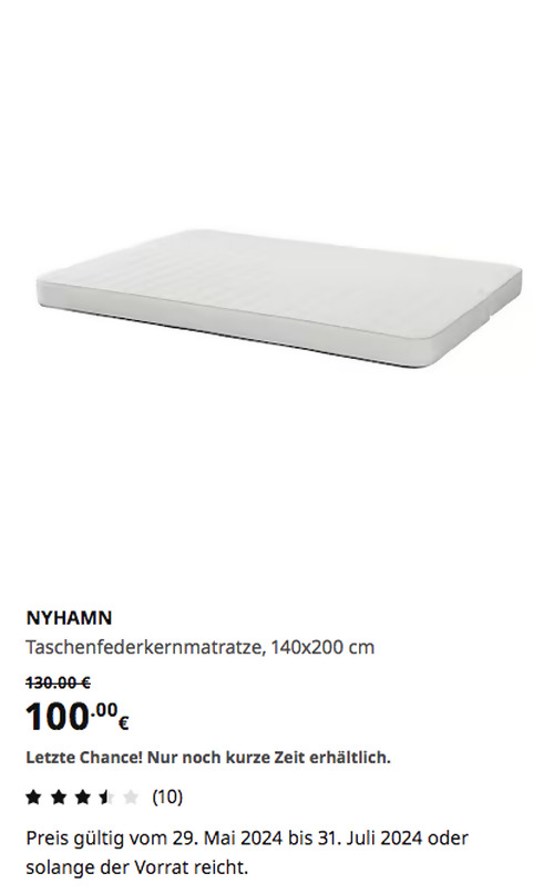 IKEA Regensburg - NYHAMN Taschenfederkernmatratze, fest, 140x200 cm - jetzt 23% billiger