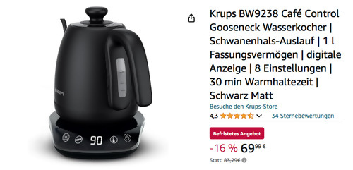 Krups BW9238 Café Control Gooseneck Wasserkocher (1 Liter, Schwanenhals-Auslauf, 8 Einstellungen) - jetzt 16% billiger Krups BW9238 Café Control Gooseneck Wasserkocher (1 Liter, Schwanenhals-Auslauf, 8 Einstellungen) - jetzt 16% billiger