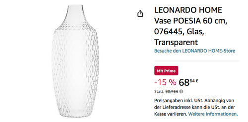 LEONARDO HOME 60 cm Vase POESIA, Glas - jetzt 12% billiger LEONARDO HOME 60 cm Vase POESIA, Glas - jetzt 12% billiger