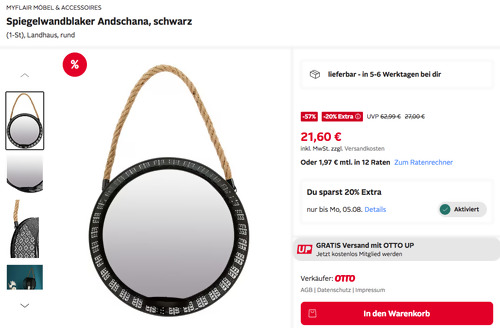 Otto.de - 20% Rabatt auf ausgewählte Wohnartikel: z.B. MYFLAIR MÖBEL & ACCESSOIRES Spiegelwandblaker "Andschana" in Schwarz - jetzt 20% billiger