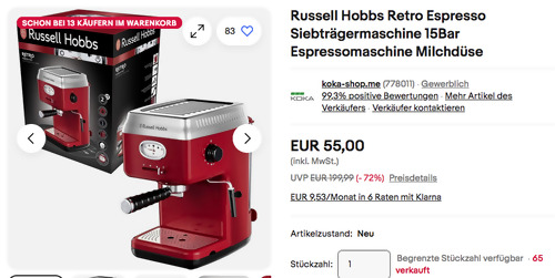 Russell Hobbs 28250-56 Retro Ribbon Red Espresso Siebträgermaschine (15 Bar, 1,1 Liter) - jetzt 31% billiger