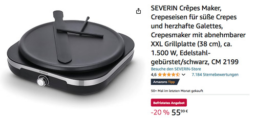 SEVERIN CM 2199 Crêpes Maker (38 cm Grillplatte, 1.500 W) - jetzt 7% billiger