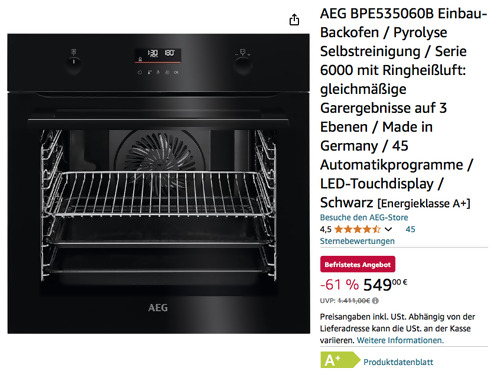 AEG BPE535060B Einbau-Backofen in Schwarz (SurroundCook, Pyrolyse Selbstreinigung) - jetzt 29% billiger