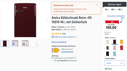 Amica Kühlschrank Retro "KS 15610-16" in Dunkelrot oder Pink (ca. B 55 x H 87,5 x T 61,5 cm, Gefrierfach) - jetzt 12% billiger