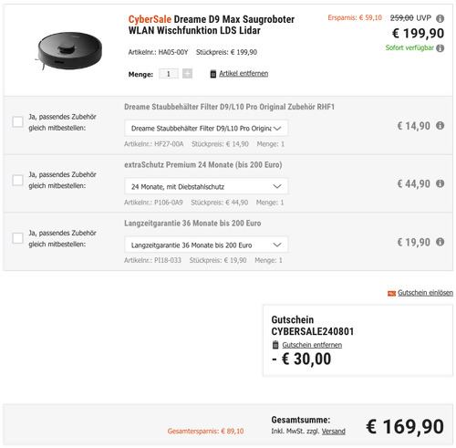 Dreame D9 Max Saugroboter mit Wischfunktion in Schwarz (WLAN, LDS Lidar, App-Steuerung) - jetzt 15% billiger