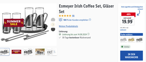 Esmeyer 9-tlg. Irish Coffee Set in Schwarz oder Edelstahl - jetzt 33% billiger
