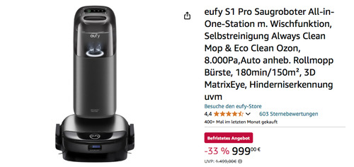 eufy S1 Pro Saug- & Wischroboter mit Ozon-10-in-1-Station (8.000Pa, Dual-Wassertank-System) - jetzt 9% billiger
