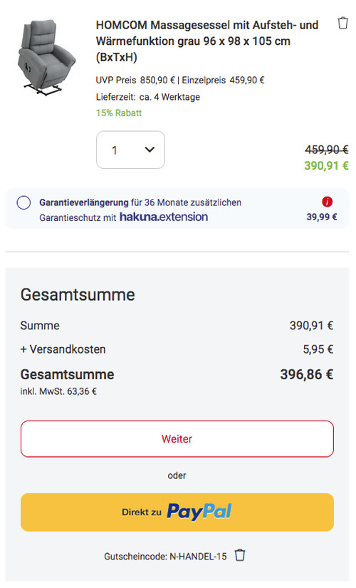 HOMCOM Massagesessel mit Aufsteh- und Wärmefunktion in Grau, 96 x 98 x 105 cm - jetzt 15% billiger