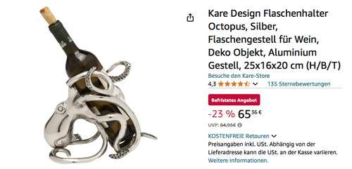 Kare Design 61485 Flaschenhalter "Octopus", Aluminium Gestell - jetzt 18% billiger