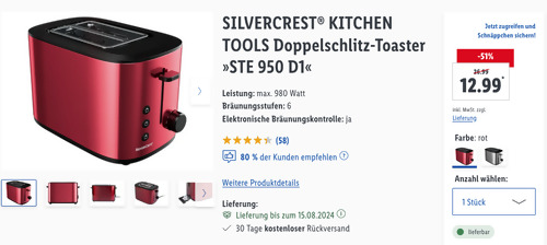 SILVERCREST KITCHEN TOOLS Doppelschlitz-Toaster "STE 950 D1" in Rot oder Silber - jetzt 43% billiger