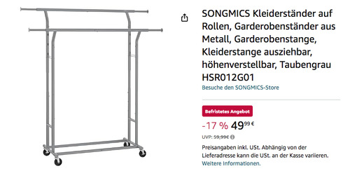 SONGMICS HSR012G01 Kleiderständer auf Rollen in Taubengrau - jetzt 17% billiger SONGMICS HSR012G01 Kleiderständer auf Rollen in Taubengrau - jetzt 17% billiger