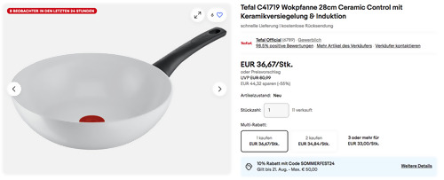 Tefal C41719 Wokpfanne 28 cm, Ceramic Control mit Keramikversiegelung - jetzt 23% billiger Tefal C41719 Wokpfanne 28 cm, Ceramic Control mit Keramikversiegelung - jetzt 23% billiger