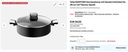 Tefal G2597283 Unlimited On 28 cm Servierpfanne mit Deckel - jetzt 37% billiger
