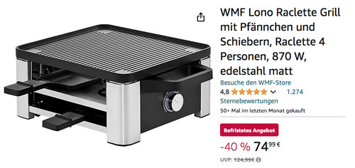 WMF Lono Raclette Grill mit Pfännchen und Schiebern, 23 x 25 cm Gussplatte - jetzt 10% billiger WMF Lono Raclette Grill mit Pfännchen und Schiebern, 23 x 25 cm Gussplatte - jetzt 10% billiger