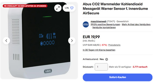 Abus CO2-Warnmelder Kohlendioxid Messgerät CO2WM110 Abus CO2-Warnmelder Kohlendioxid Messgerät CO2WM110
