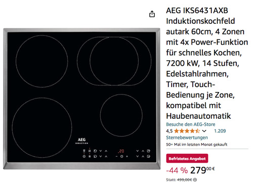 AEG IKS6431AXB Induktionskochfeld (60cm, 4 Zonen, 14 Stufen, Edelstahlrahmen) AEG IKS6431AXB Induktionskochfeld (60cm, 4 Zonen, 14 Stufen, Edelstahlrahmen)