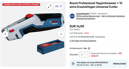 Ebay - 10% Gutschein auf Werkzeug, Heizen & mehr: z.B. Bosch Professional Universal Cutter Teppichmesser + 10 extra Ersatzklingen Ebay - 10% Gutschein auf Werkzeug, Heizen & mehr: z.B. Bosch Professional Universal Cutter Teppichmesser + 10 extra Ersatzklingen