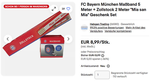 FC Bayern München Maßband 5 Meter + Zollstock 2 Meter "Mia san Mia" Geschenk Set FC Bayern München Maßband 5 Meter + Zollstock 2 Meter "Mia san Mia" Geschenk Set
