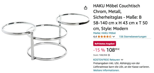 HAKU Möbel ?64830 Couchtisch Modern in Chrom (58-140 cm, Metall, Sicherheitsglas) HAKU Möbel ?64830 Couchtisch Modern in Chrom (58-140 cm, Metall, Sicherheitsglas)