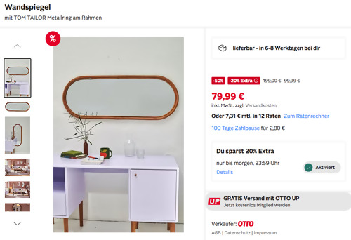 Otto.de - 20% Rabatt auf Möbel: z.B. TOM TAILOR HOME Wandspiegel mit TOM TAILOR Metallring am Rahmen. 44 x 120 cm Otto.de - 20% Rabatt auf Möbel: z.B. TOM TAILOR HOME Wandspiegel mit TOM TAILOR Metallring am Rahmen. 44 x 120 cm