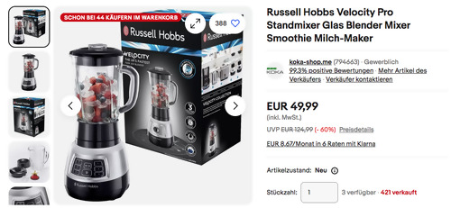 Russell Hobbs 25720-56 Velocity Pro Standmixer (1000 Watt, Glas, 1,5 l) Russell Hobbs 25720-56 Velocity Pro Standmixer (1000 Watt, Glas, 1,5 l)