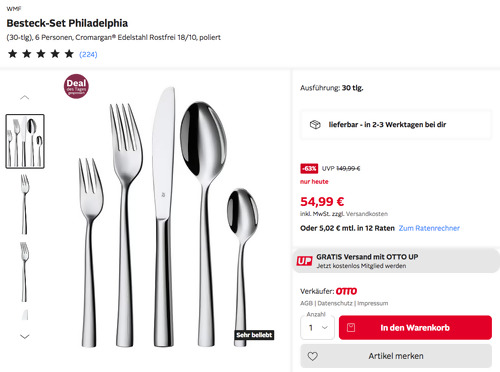 WMF 30-tlg. poliert Besteck-Set Philadelphia WMF 30-tlg. poliert Besteck-Set Philadelphia